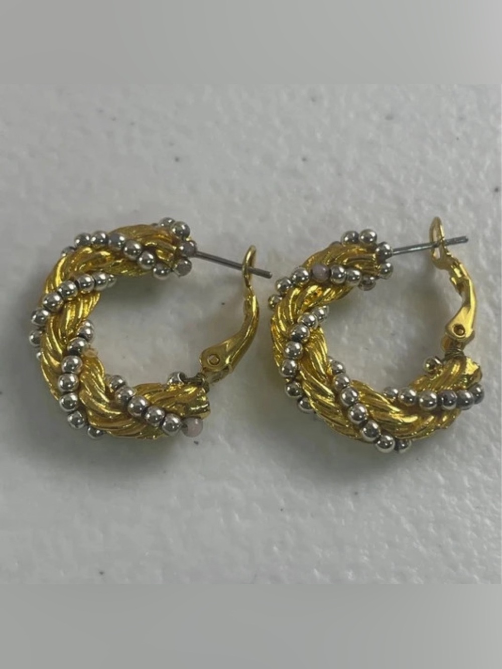 Two Tone Gold Silver Twisted Rope Beaded Hoop Earrings Textured Chunky Statement